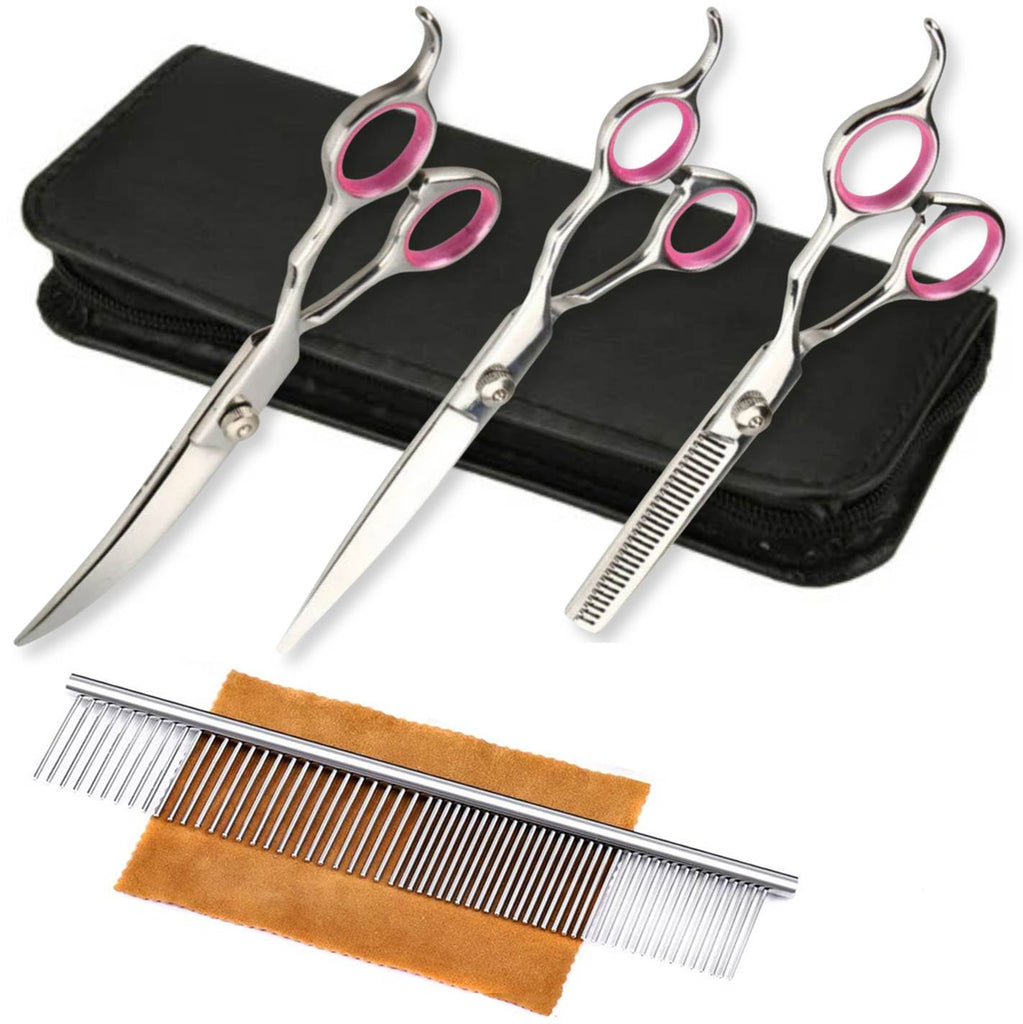 Curved dog scissors made of durable stainless steel construction and work effortless and perfectly with the razor sharp edges.  The two other grooming scissors include a cutting shear and thinning shear for different kinds of shearing needs according to the length of hair.  All your pet grooming needs