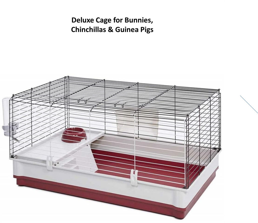 Rabbit cage with deep solid base to minimize mess.  Ideal for bunny rabbits, chinchillas, guinea pigs and ferrets.