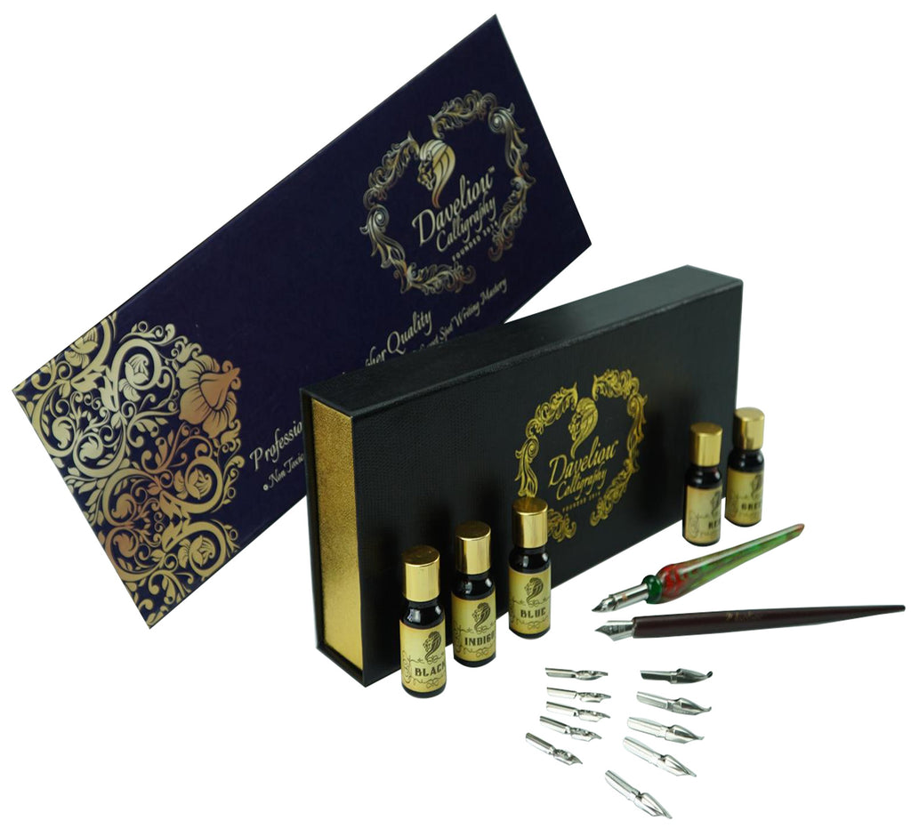 Calligraphy pen set with glass dip pen, wooden dip pen, 5 colored inks & 12 nibs the best calligraphy set for beginners