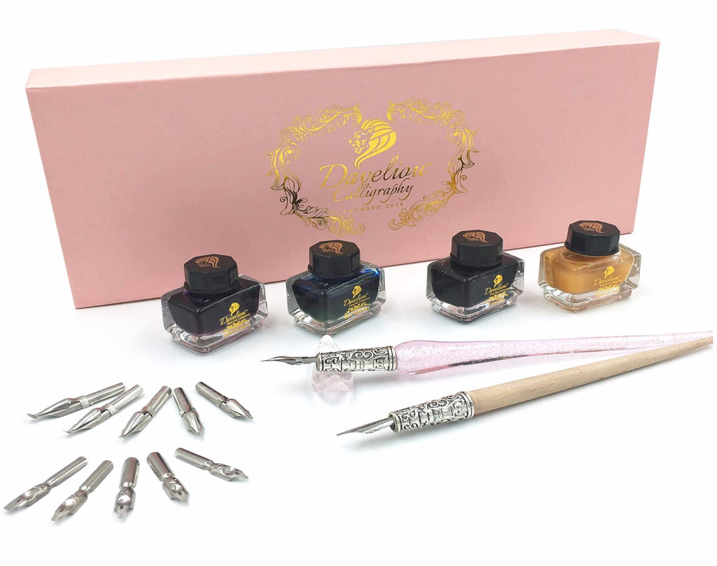 Pink calligraphy pen set with glass dip pen, wooden dip pen, 4 colored inks & 12 nibs the best calligraphy set for beginners