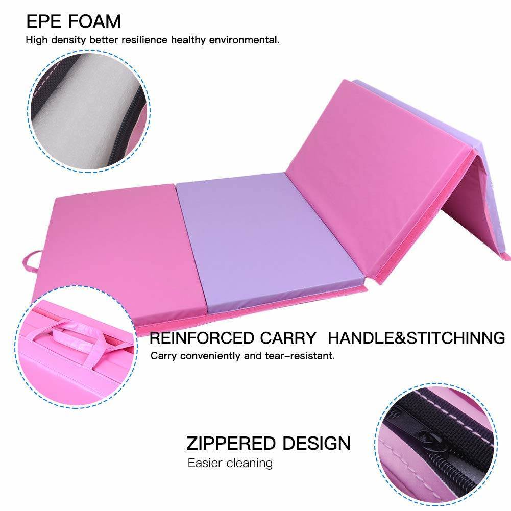 dance mat in pink and purple with a reinforced carrying handle for the folding mat