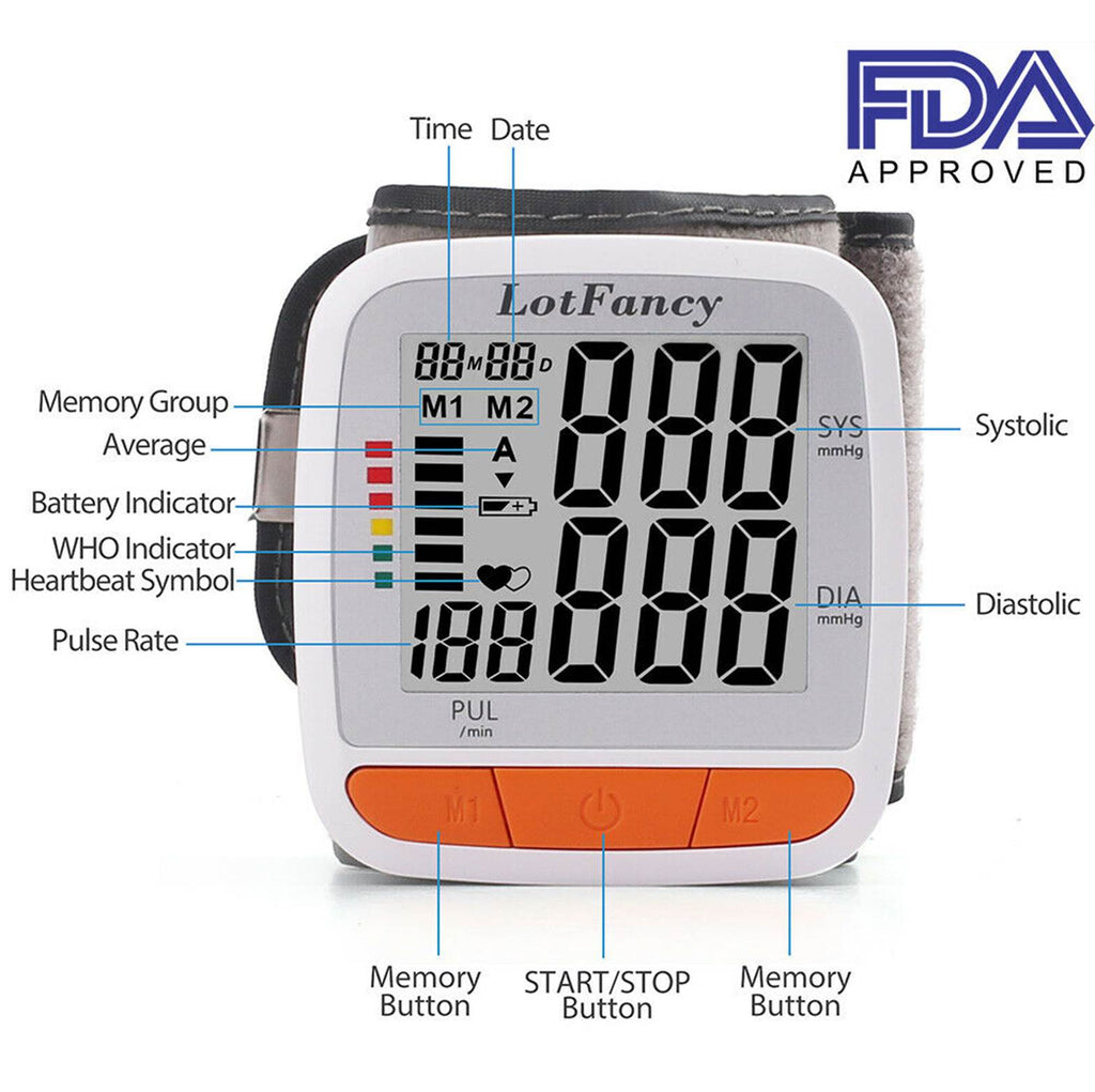 blood pressure checker with dual memory and an average of the last 3 days readings. Attach to wrist and manually start the reading on this bp wrist cuff to get your test results daily.